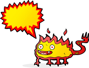 cartoon little fire demon with speech bubble