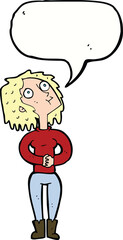 cartoon woman looking upwards with speech bubble