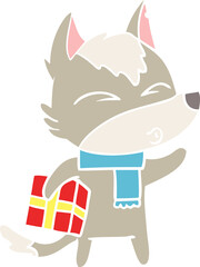 flat color style cartoon christmas wolf whistling