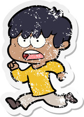 distressed sticker of a worried cartoon boy