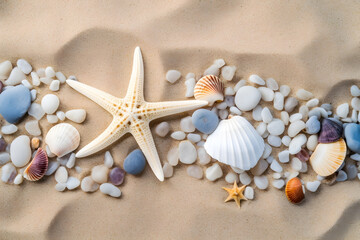 Seashells on sand at beach, Generative AI
