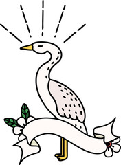 scroll banner with tattoo style standing stork
