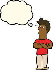 cartoon man with folded arms with thought bubble