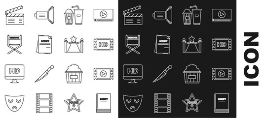Set line Scenario, Play Video, 4k movie, tape, frame, Popcorn and soda drink glass, Director chair, Movie clapper and Carpet with barriers star icon. Vector