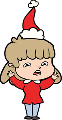 hand drawn line drawing of a worried woman wearing santa hat