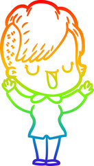 rainbow gradient line drawing of a cute cartoon girl with hipster haircut