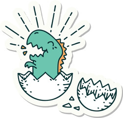 sticker of a tattoo style hatching dinosaur