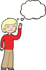 cartoon friendly boy waving with thought bubble