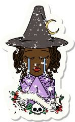 Retro Tattoo Style crying human witch with natural D20 roll