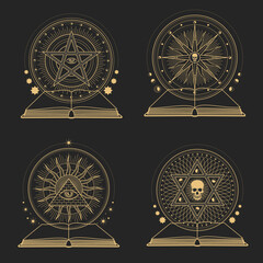 Occult and esoteric magic symbols with books. Satan pentagram esoteric alchemy sign, demon pentacle occult mason vector symbol with pyramid, all seeing eye and skull, Star of David and Sun