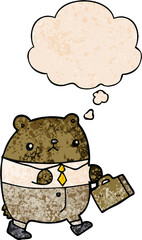 cartoon bear in work clothes with thought bubble in grunge texture style