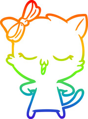 rainbow gradient line drawing of a cartoon cat with bow on head