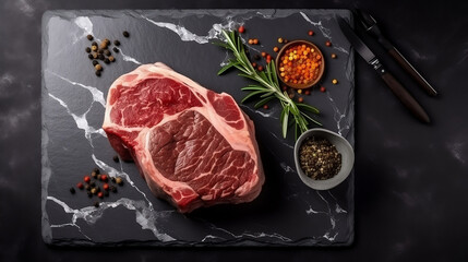 Fototapeta na wymiar row marble beef ribeye steak on black stone table, created with Generative AI Technology
