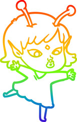 rainbow gradient line drawing of a pretty cartoon alien girl