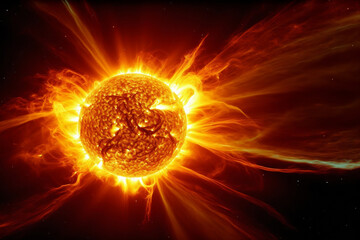 the surface of the Sun with big solar flare, Close up, created with Generative AI Technology