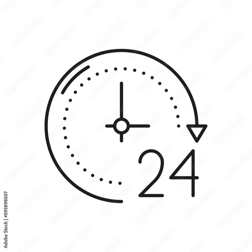 Poster 24 hours order execution or delivery service outline icon. Vector 24 hour watch with arrow. Support service, time, working hours, delivery timer clock