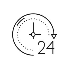 24 hours order execution or delivery service outline icon. Vector 24 hour watch with arrow. Support service, time, working hours, delivery timer clock