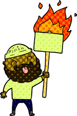 bearded protester cartoon with burning sign