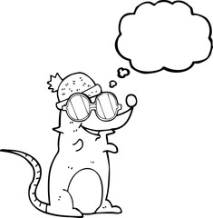 freehand drawn thought bubble cartoon mouse wearing glasses and hat
