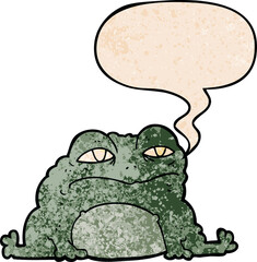 cartoon toad with speech bubble in retro texture style