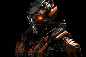 Sci-fi soldier mech on black, orange accents, metal armor, 3D rendering, front view. Generative AI