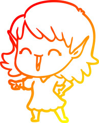 warm gradient line drawing of a cartoon elf girl