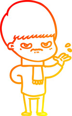 warm gradient line drawing of a annoyed cartoon boy