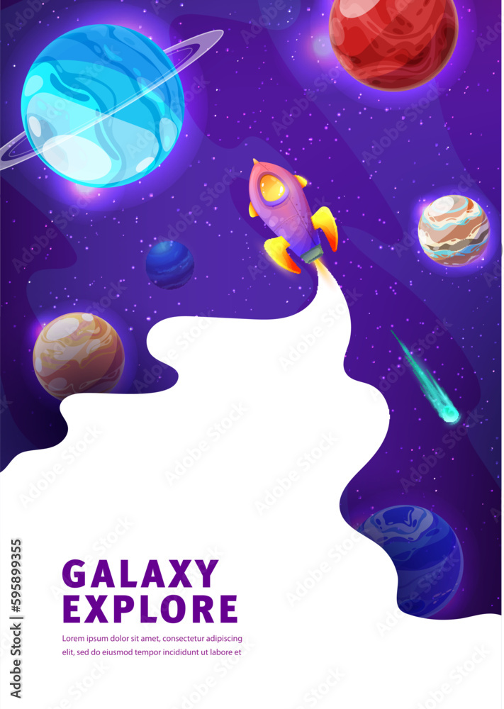 Poster Space landing page. Galaxy landscape, spaceship launch, stars and planets vector website background for business startup or astronomy science project launch. Space exploration web banner template