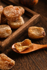 Gold silk glazed date(jinsimizao),Candied jujube,Syrup and dates baked goods, traditional asian food, dark wooden background