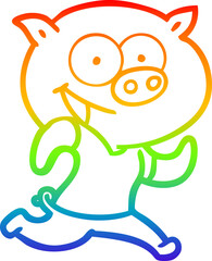 rainbow gradient line drawing of a cheerful pig exercising cartoon