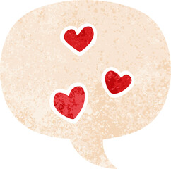 cartoon love heart with speech bubble in grunge distressed retro textured style