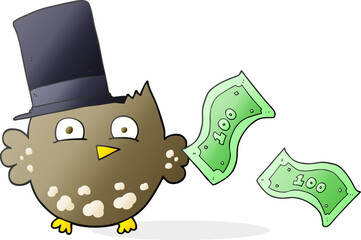 freehand drawn cartoon wealthy little owl with top hat