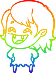 rainbow gradient line drawing of a cartoon laughing vampire girl