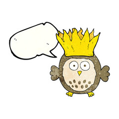 freehand speech bubble textured cartoon owl wearing paper crown christmas hat