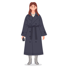 Woman wearing trench coat. Elegant casual outfit, young stylish female character wear fashion clothing flat cartoon vector illustration