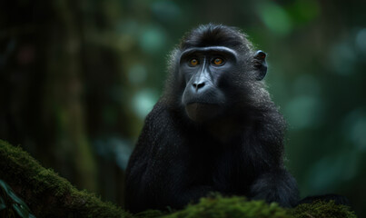 Majestic Crested Black Macaque, perched on a moss-covered tree trunk in the lush rainforest of Sulawesi Island. The primate's striking black & white fur is captured in stunning detail. Generative AI