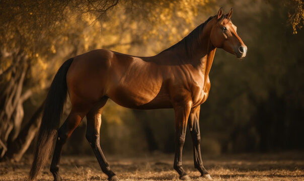 sunset photo of Criollo, horse breed of Argentina in its natural habitat. Generative AI