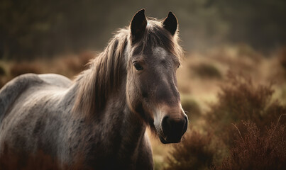 Fototapeta na wymiar close up photo of Dartmoor, breed of pony on blurry forest background. Generative AI