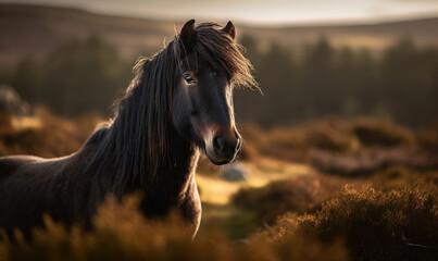 Fototapeta premium sunset photo of Dartmoor, breed of pony in its natural habitat. Generative AI