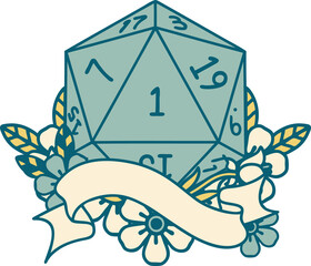 Retro Tattoo Style natural one d20 dice roll