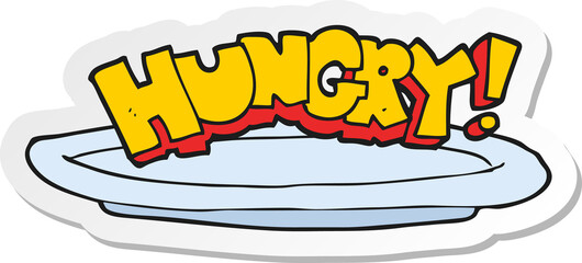 sticker of a cartoon empty plate with hungry symbol