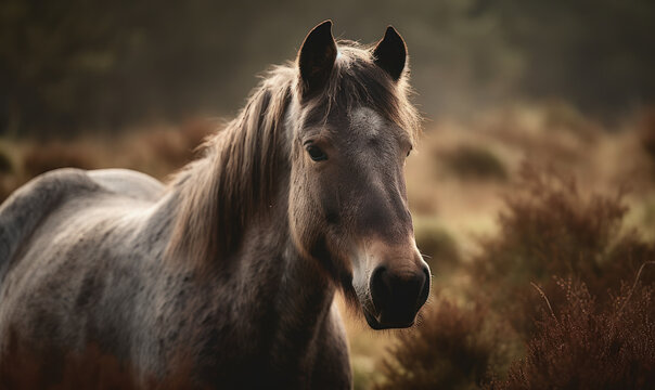 close up photo of Dartmoor, breed of pony on blurry forest background. Generative AI