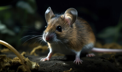 Naklejka na ściany i meble photo of deer mouse (genus Peromyscus) on a forest background. Generative AI