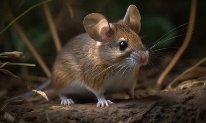 photo of deer mouse (genus Peromyscus) on a forest background. Generative AI