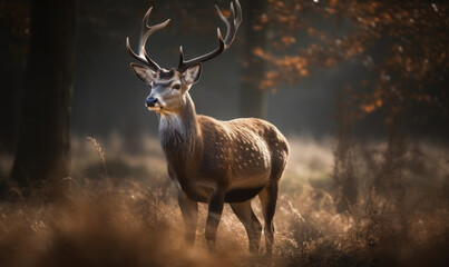 sunrise photo of deer in its natural habitat. Generative AI