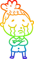 rainbow gradient line drawing of a cartoon crying woman