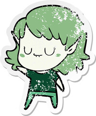 distressed sticker of a happy cartoon elf girl