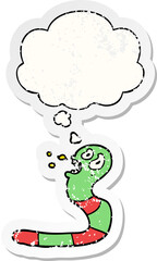 cartoon frightened worm with thought bubble as a distressed worn sticker