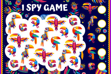 I spy game worksheet with Mexican cartoon toucan birds, vector puzzle quiz. Find and match two same tropical birds, kids riddle game with colorful toucans and Mexican jungle flowers