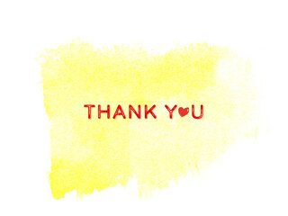 Yellow watercolor abstract background with the word "thank you" and red heart..